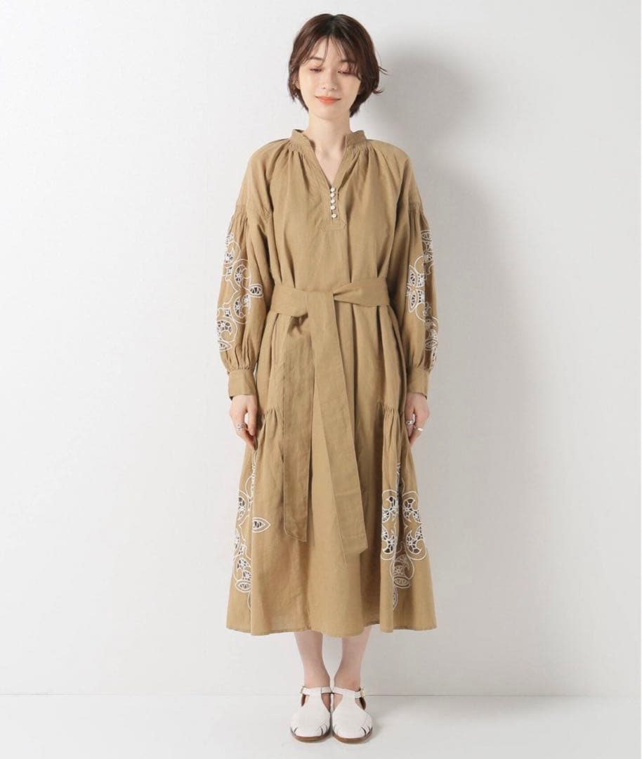 IENA カランコエ リネン混カットワークワンピース