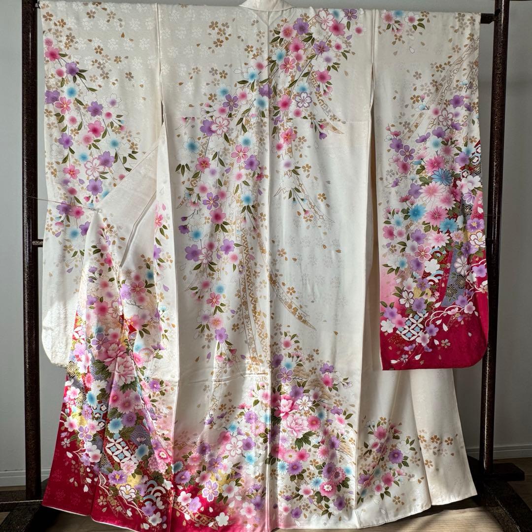 超美品　現代　振袖　成人式　着物　170裄70 白　ピンク　桜柄　トール