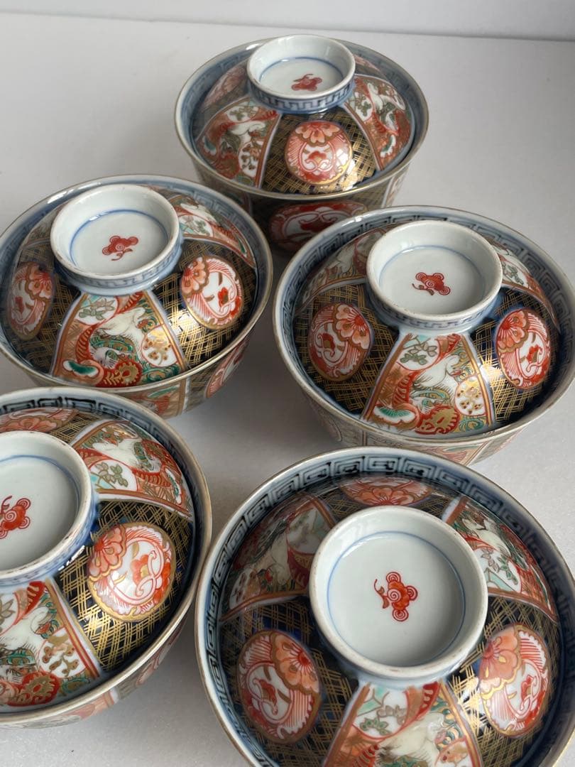 古伊万里 金蘭手柘榴図 蓋物 五客　お皿/蓋付き碗/茶碗/蓋付き/飯碗/お碗50