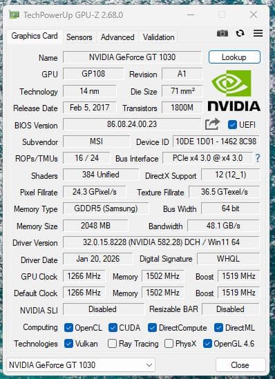 SATO MSI GeForce GT 1030 2G LP OC 箱無し