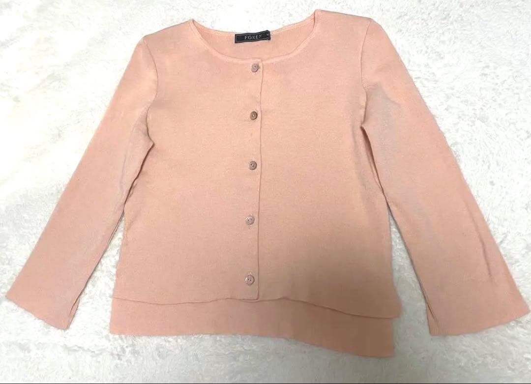 FOXEY フォクシー サーモンピンク カーディガン 長袖 カシミヤ 絹 42