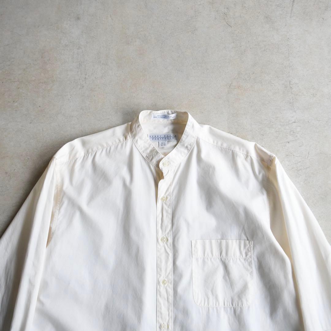 90s PERRY ELLIS ペリーエリス ノーカラー 長袖シャツ アイボリー