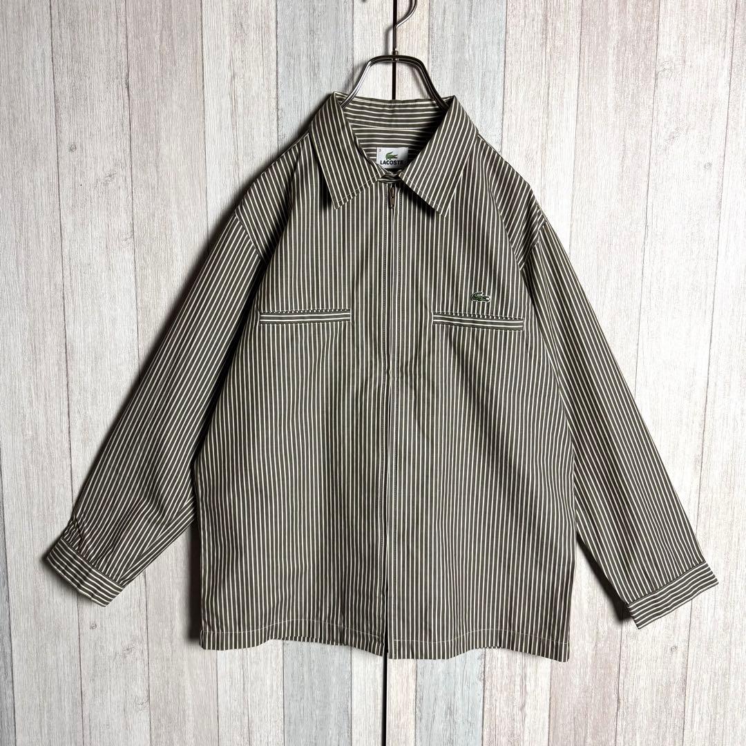 3710【希少デザイン】ラコステ 刺繍ロゴ ストライプ ジップ シャツジャケット