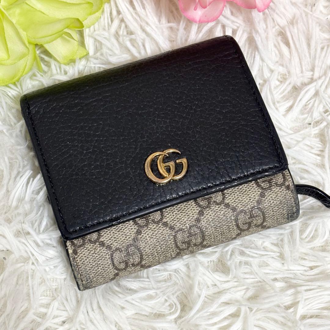 現行 GUCCI 折り財布 ダブルG バイカラー ミディアムウォレット　黒