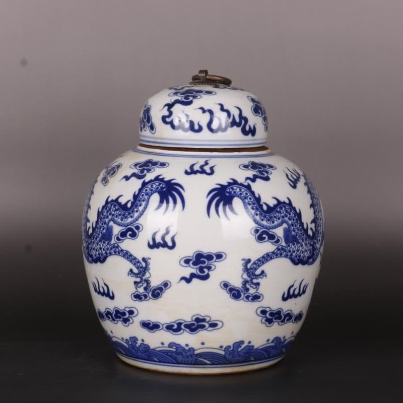 青花双龍戯珠紋蓋缶 景徳鎮 陶磁器 装飾品 現代工芸品 美術品 置物