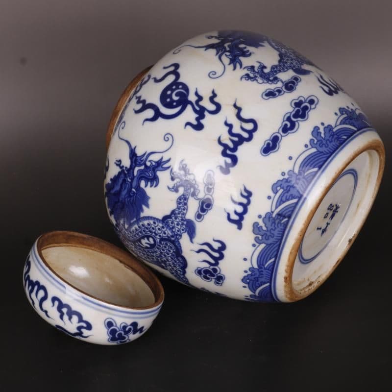 青花双龍戯珠紋蓋缶 景徳鎮 陶磁器 装飾品 現代工芸品 美術品 置物