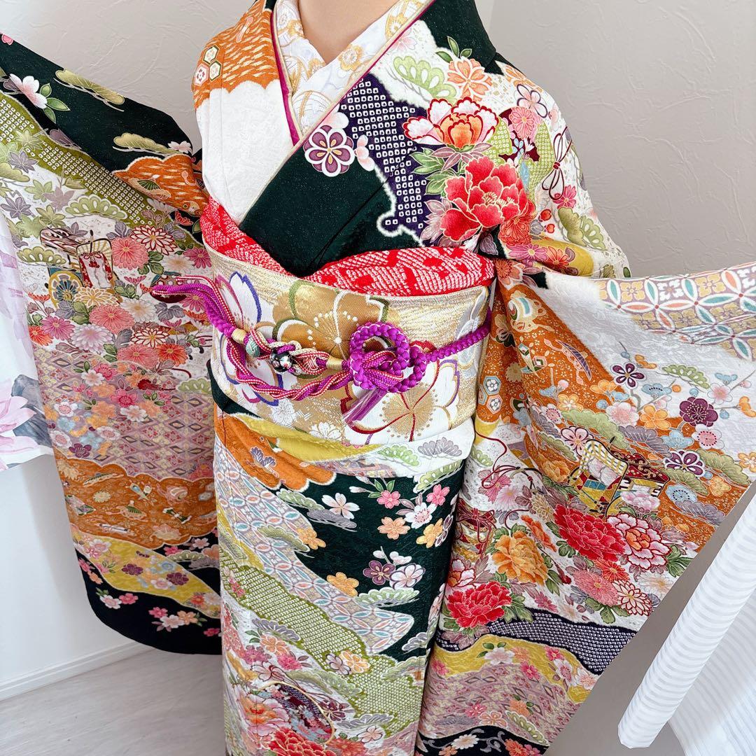 新品正絹振袖フルセット　王道古典柄　銀通し駒刺繍　成人式　緑