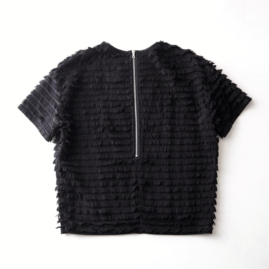 Drawer ドゥロワー コットン フリンジボーダー 半袖 Tシャツ ブラック