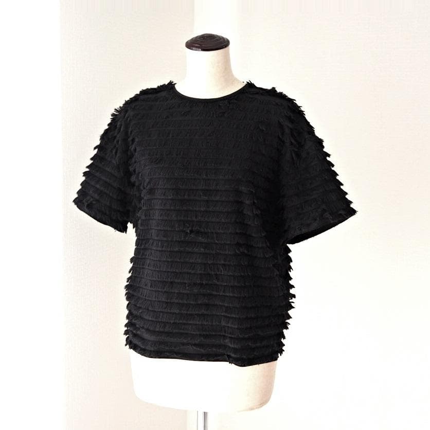 Drawer ドゥロワー コットン フリンジボーダー 半袖 Tシャツ ブラック
