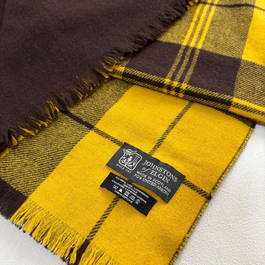 【美品】ジョンストンズ カシミヤ混大判チェックマフラー イエロー×ブラウン