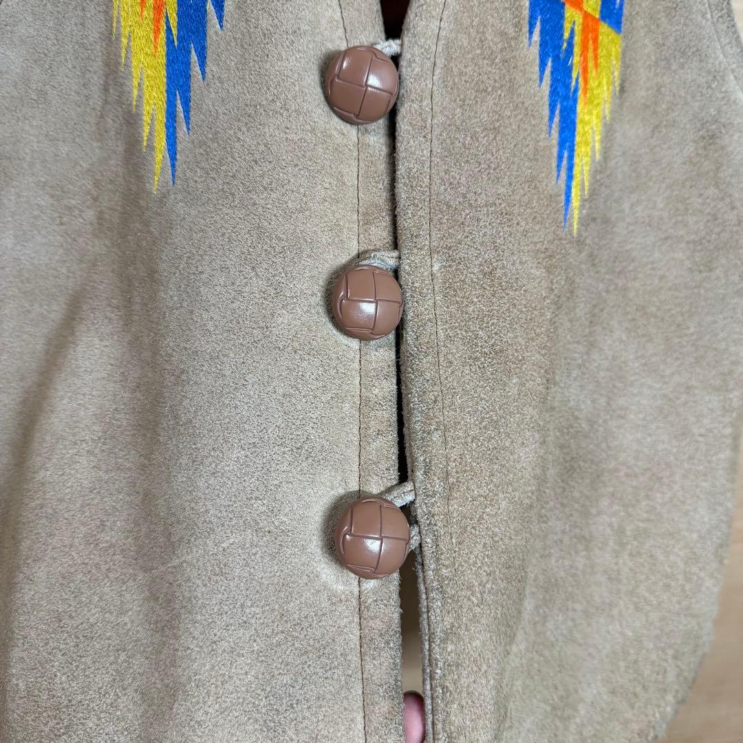 70s ビンテージ レザー ベスト オルテガ柄 刺繍 スエード 厚手