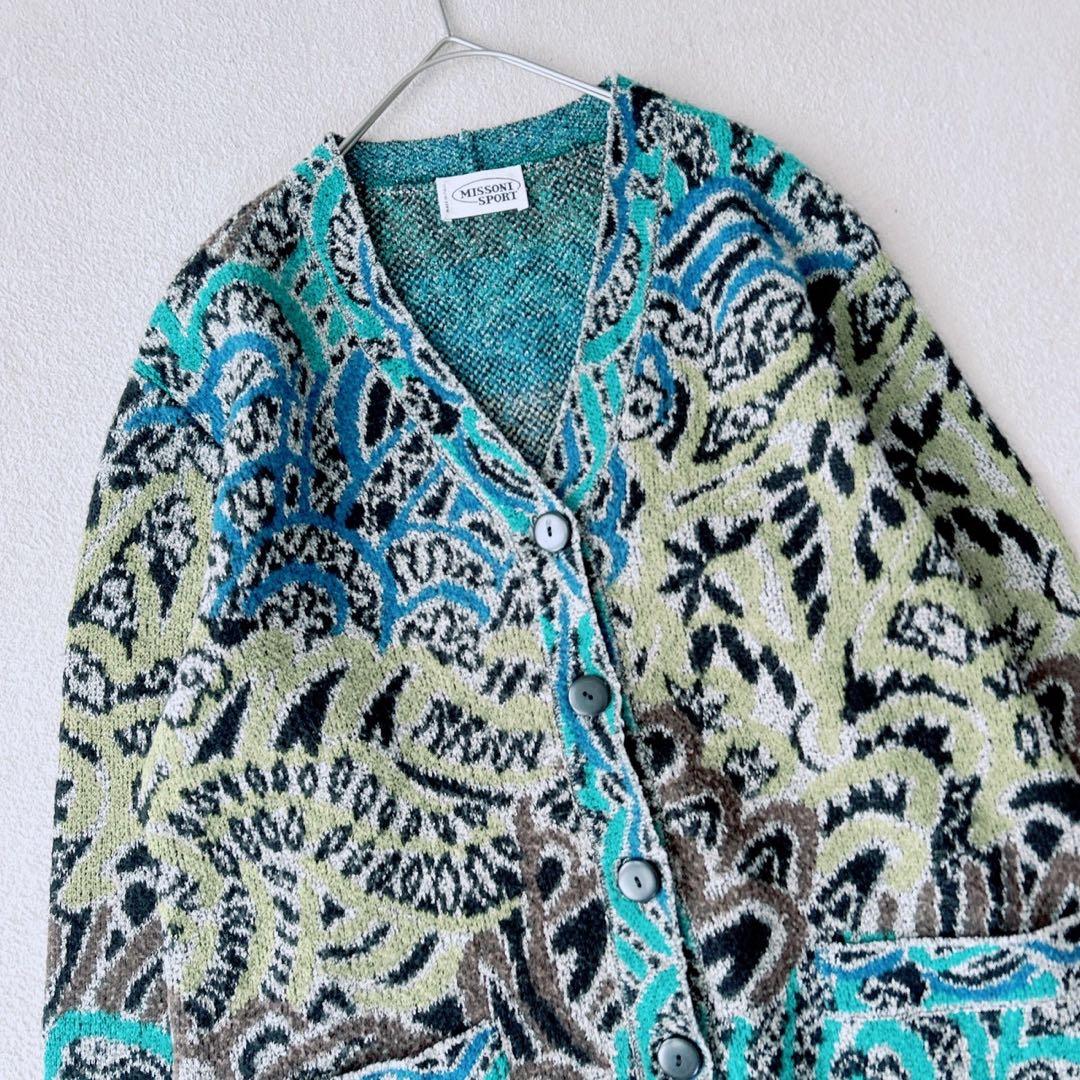 美品✨MISSONI 3D カーディガン 総柄　イタリア製　グリーン系　40