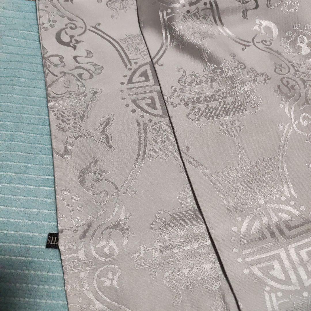 シャンハイタン　シルバー　シルク フリンジ付きストール【ヴィンテージ】