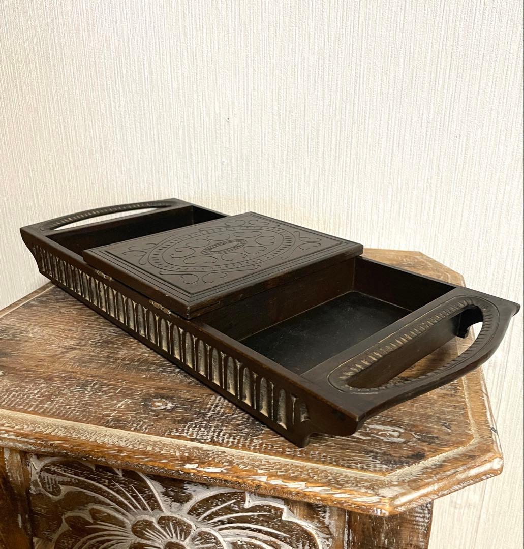 木彫り 彫刻 小物入れ トレー お盆 おぼん メイクボックス レトロ 木製
