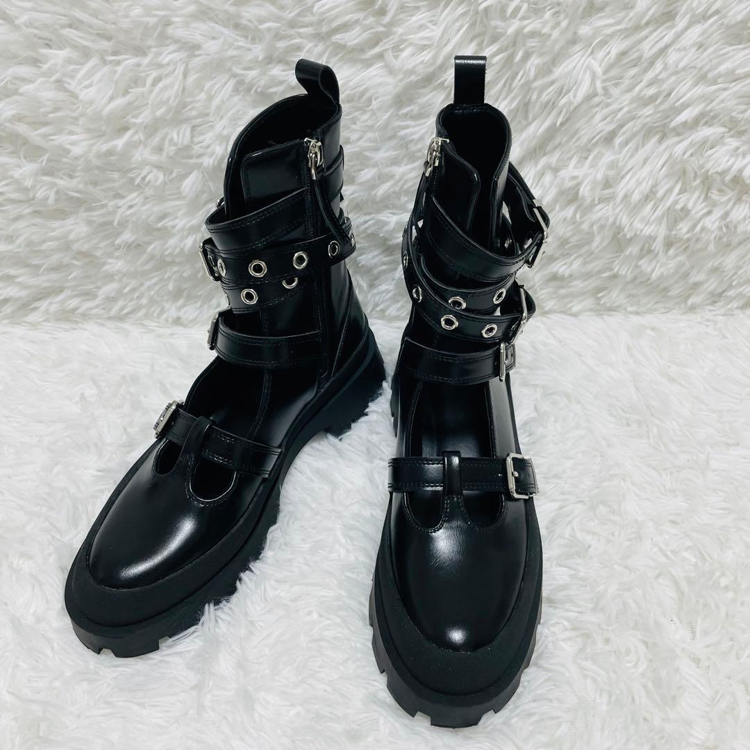 未使用に近い ザラ ZARA バックルアンクルブーツ 37 ブラック 24cm