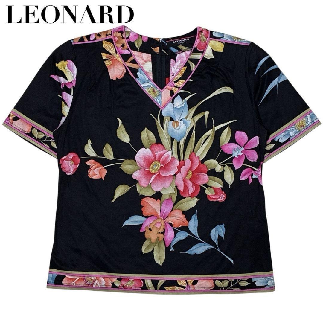 【極美品】LEONARD レオナール トップス カットソー 半袖 花柄 黒 M