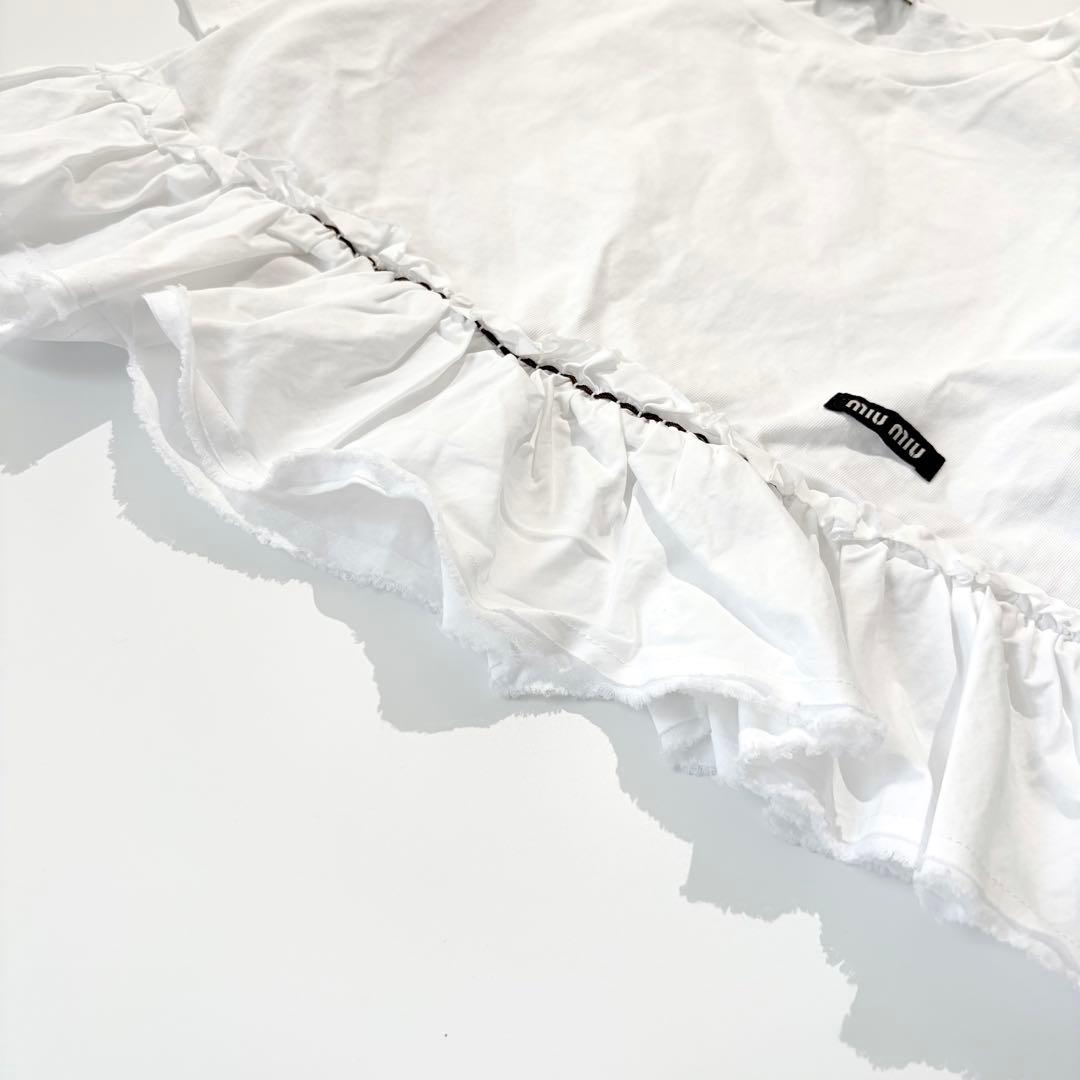 【極美品】MIU MIU Tシャツ クロップド フリル ロゴ ホワイト XS