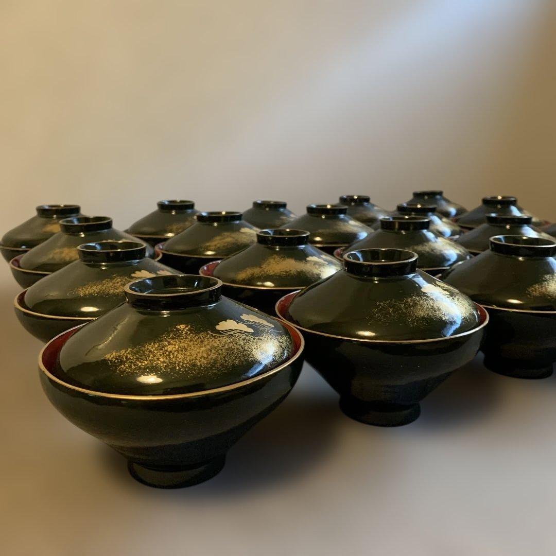 【骨董品】漆器　お椀　汁椀　20個セット　松と鶴の模様　グリーン