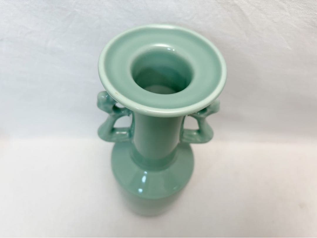 未使用 華道具 清宝作 鳳凰耳青磁 花瓶 花入 花器 活花 生け花 陶器 紙箱