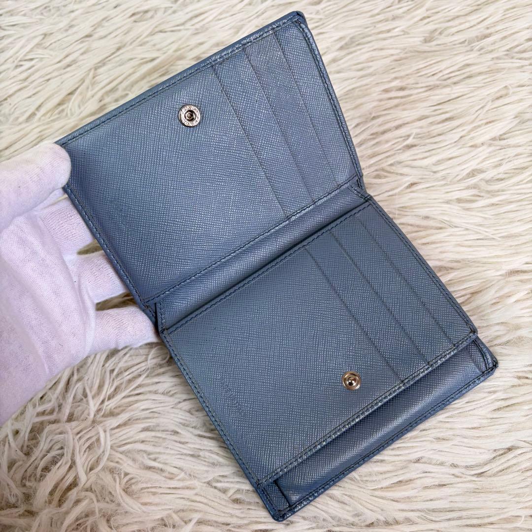 極美品/希少スカイブルー✨PRADA プラダ サフィアーノ 折り財布 三角ロゴ