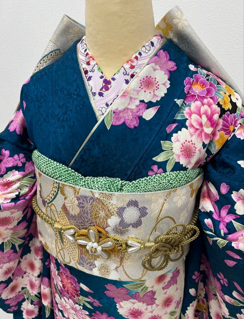 振り袖　フルセット　別誂長襦袢　金彩加工　刺繍入り　白　青　成人式　865