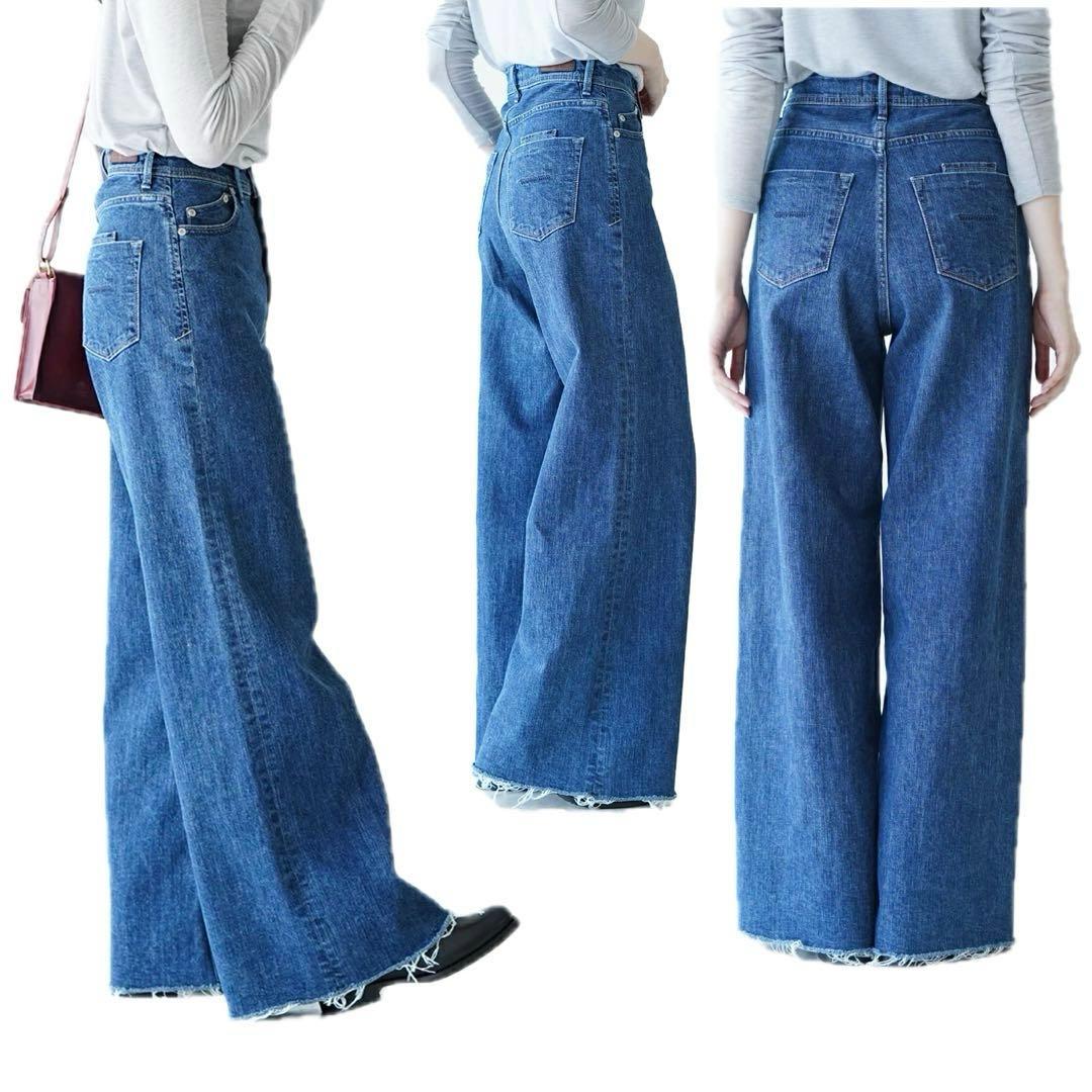 YANUK ワイドフレア デニムパンツ 23 レザーパッチ カットオフ ブルー