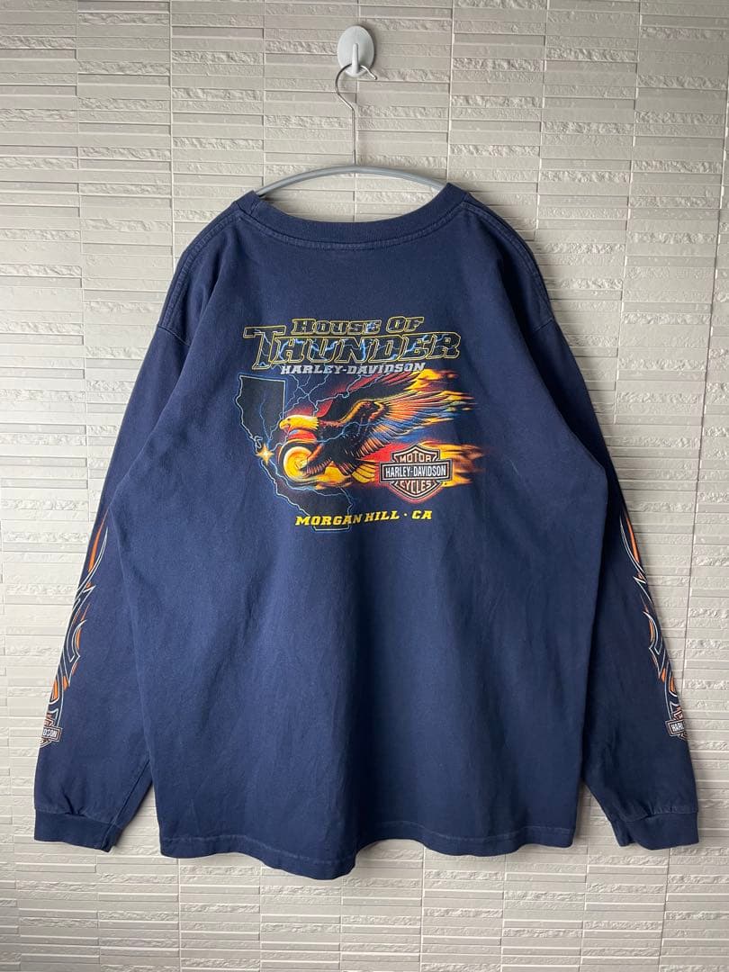 90s USA製ハーレーダビッドソン 袖フレイム　両面ビッグロゴ ロングtシャツ