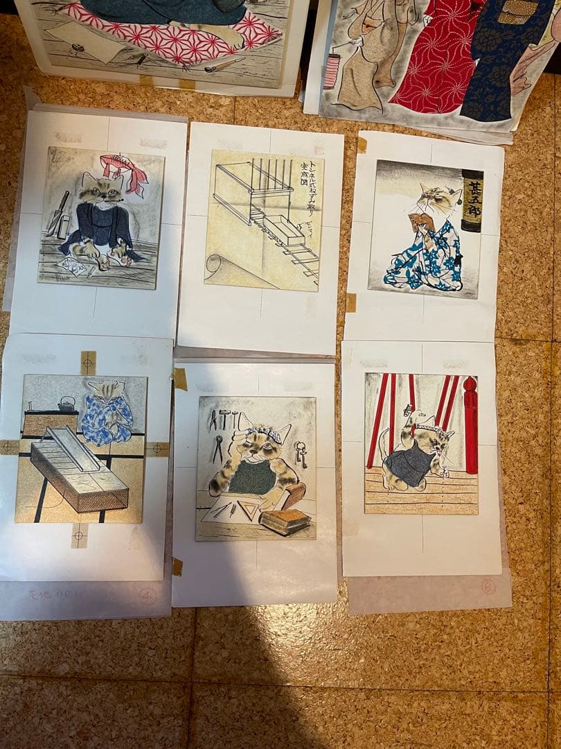 じんごのはなし　小沢良吉　三匹の猫　珍品肉筆原画 15点完品挿絵 原稿 1