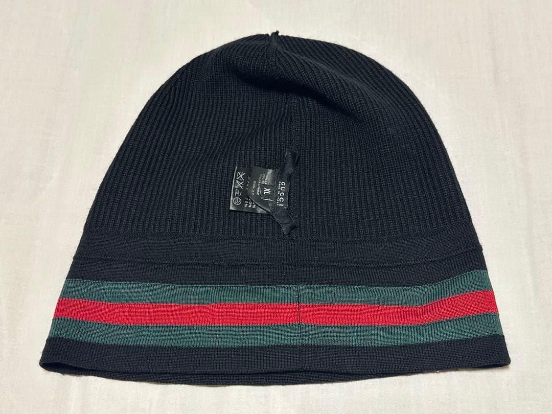 グッチ　シェリーライン　シルク　カシミヤ　ニット帽　ビーニー　ブラック　XL