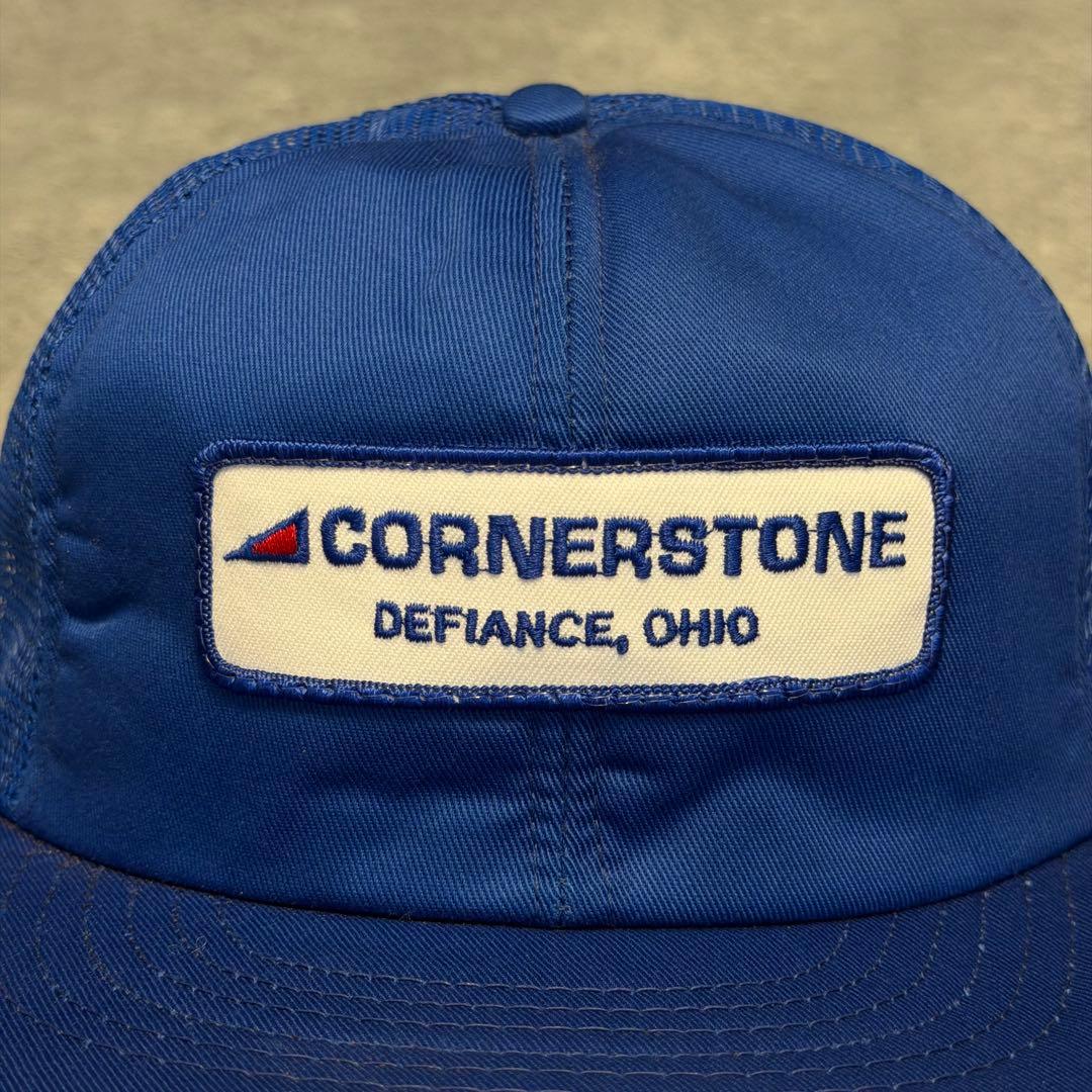 90s USA製 CORNERSTONE メッシュキャップ 青 企業 ワッペン