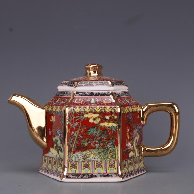 清乾隆摘糸法郎彩蒔金花鳥茶壺  装飾品  工芸品美術品 置物   新品未使用