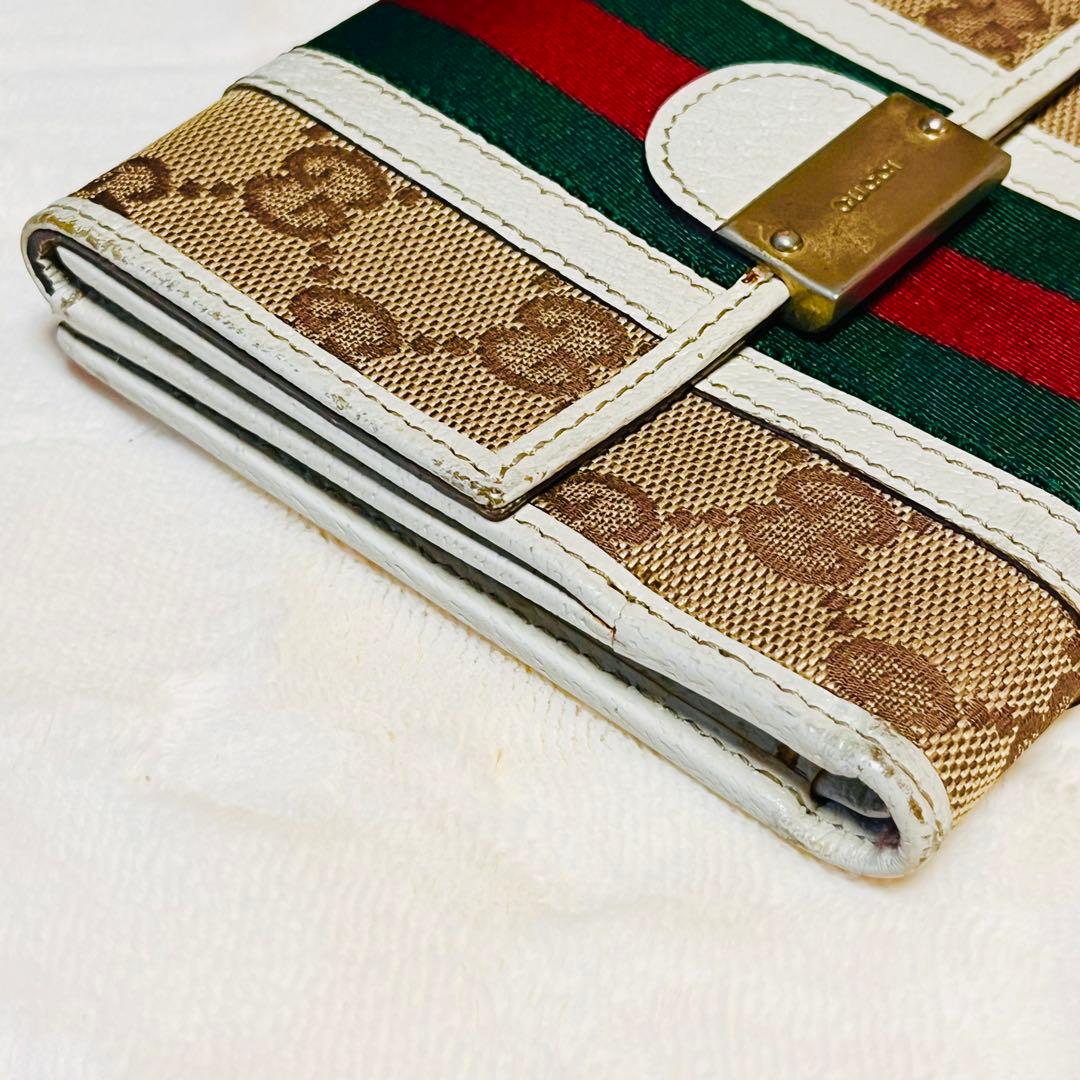 GUCCI 二つ折り財布 シェリーライン GGキャンバス レザー Wホック