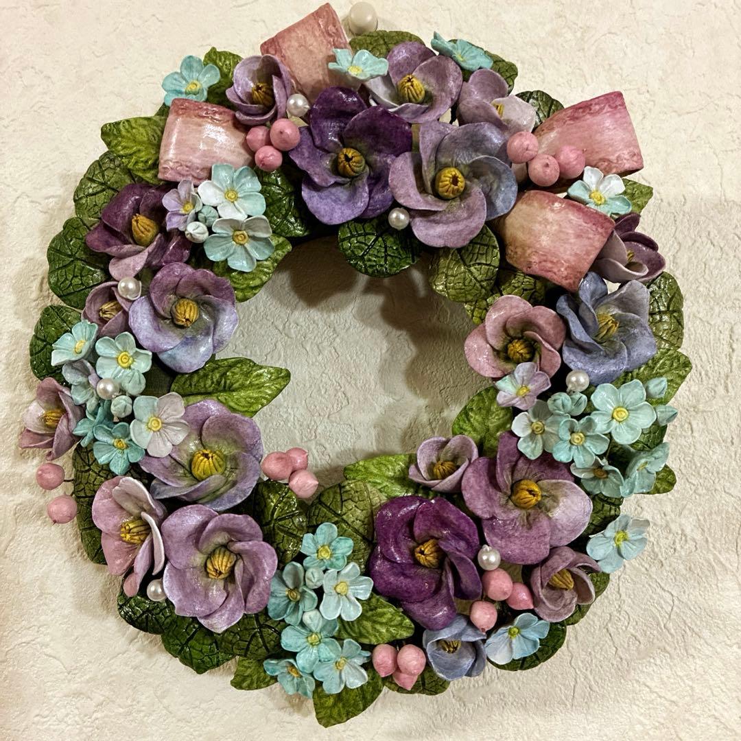 専用ハンドメイド／勿忘草＆ラベンダー／クレイフラワーアレンジメント／リース／粘土
