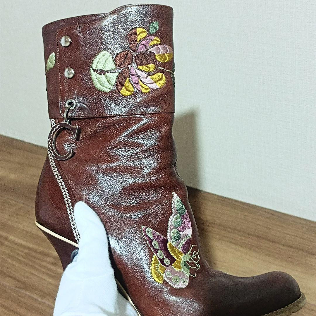 レア品! Christian Dior ディオール 本革 ブーツ ☘蝶花刺繍☘