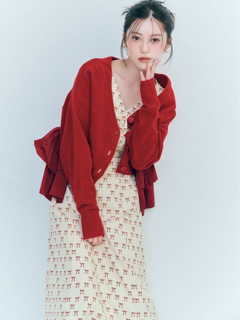 【新品タグ付】SNIDEL リボンドッキングカーディガン RED レッド