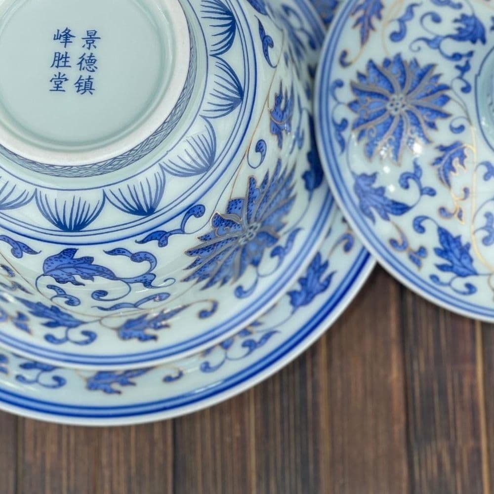中国茶器 景徳鎮 締め金糸青花磁蓋碗 茶碗 煎茶器 新品未使用