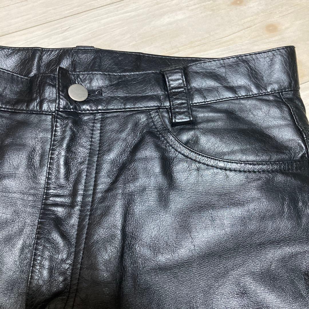 本革　ブラックレザーストレートパンツ　W34