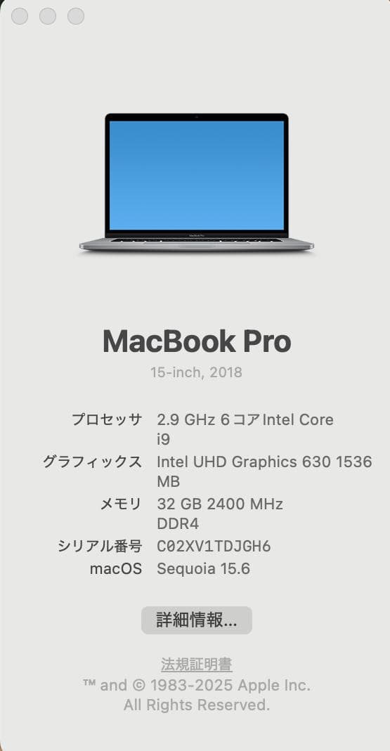 MacBook Pro 2018 15㌅ i9/32GB/1000GB BT正常