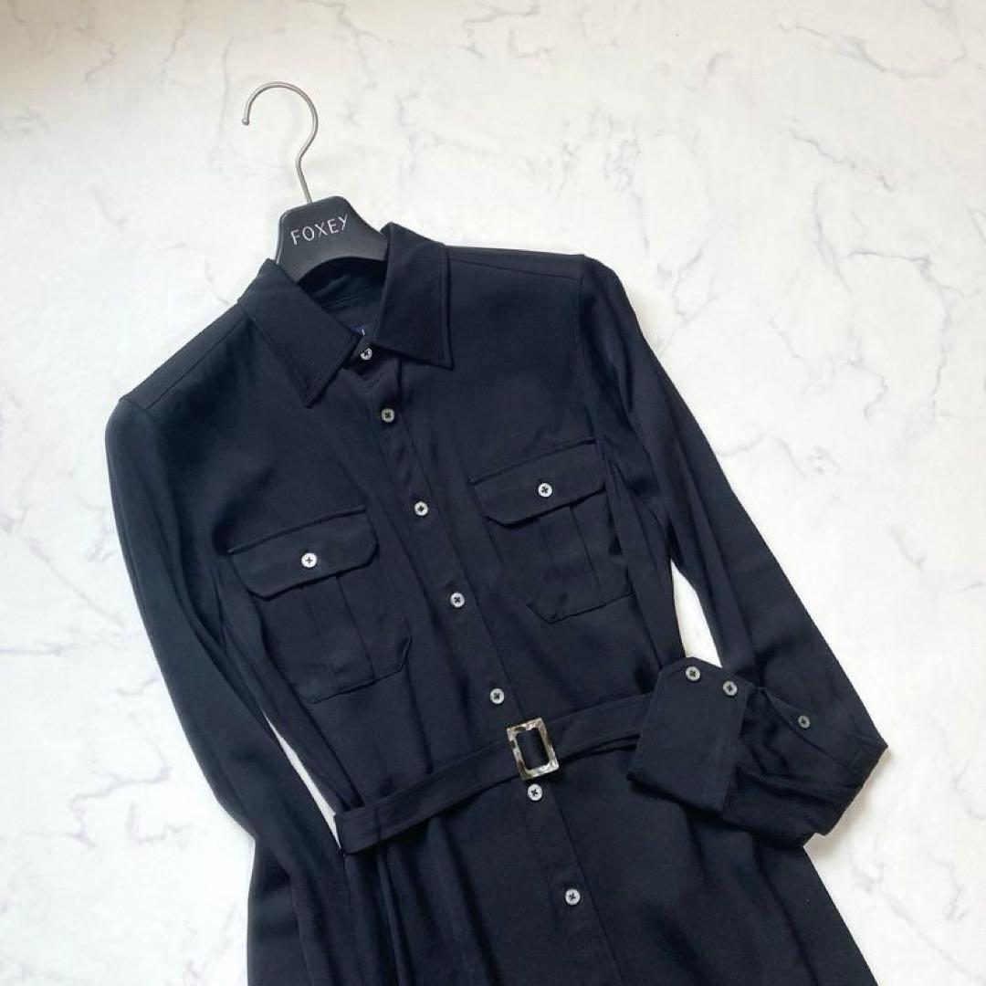 美品✨ラルフローレン シルク90 シャツワンピース シェルバックル 黒 M 9