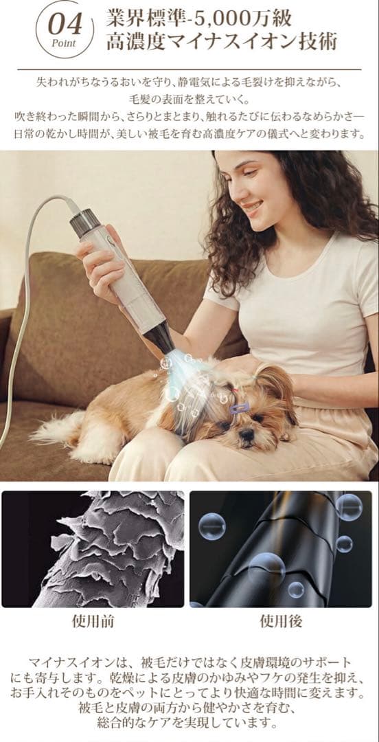 ペット ドライヤー 犬猫 わずか520g！低騒音速乾 大風量 マイナスイオン