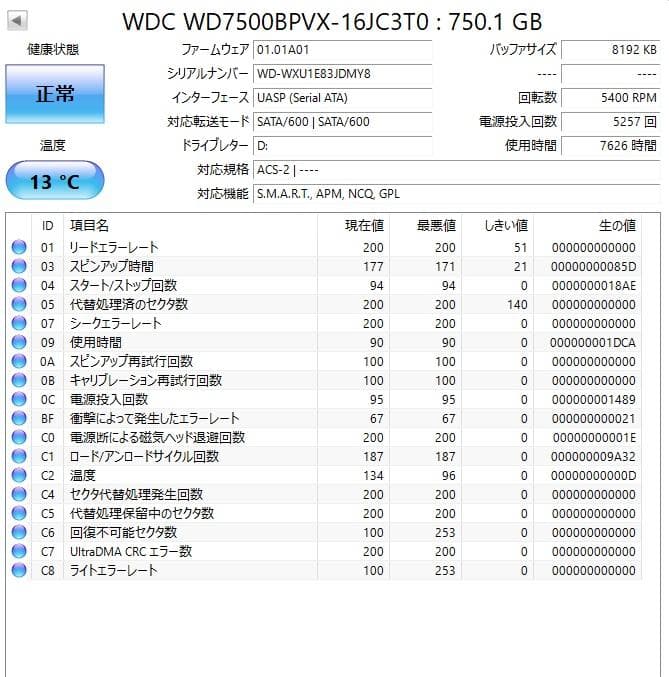 ✦動作正常✦2.5インチHDD 750GB×4 計3TB WD750 3841