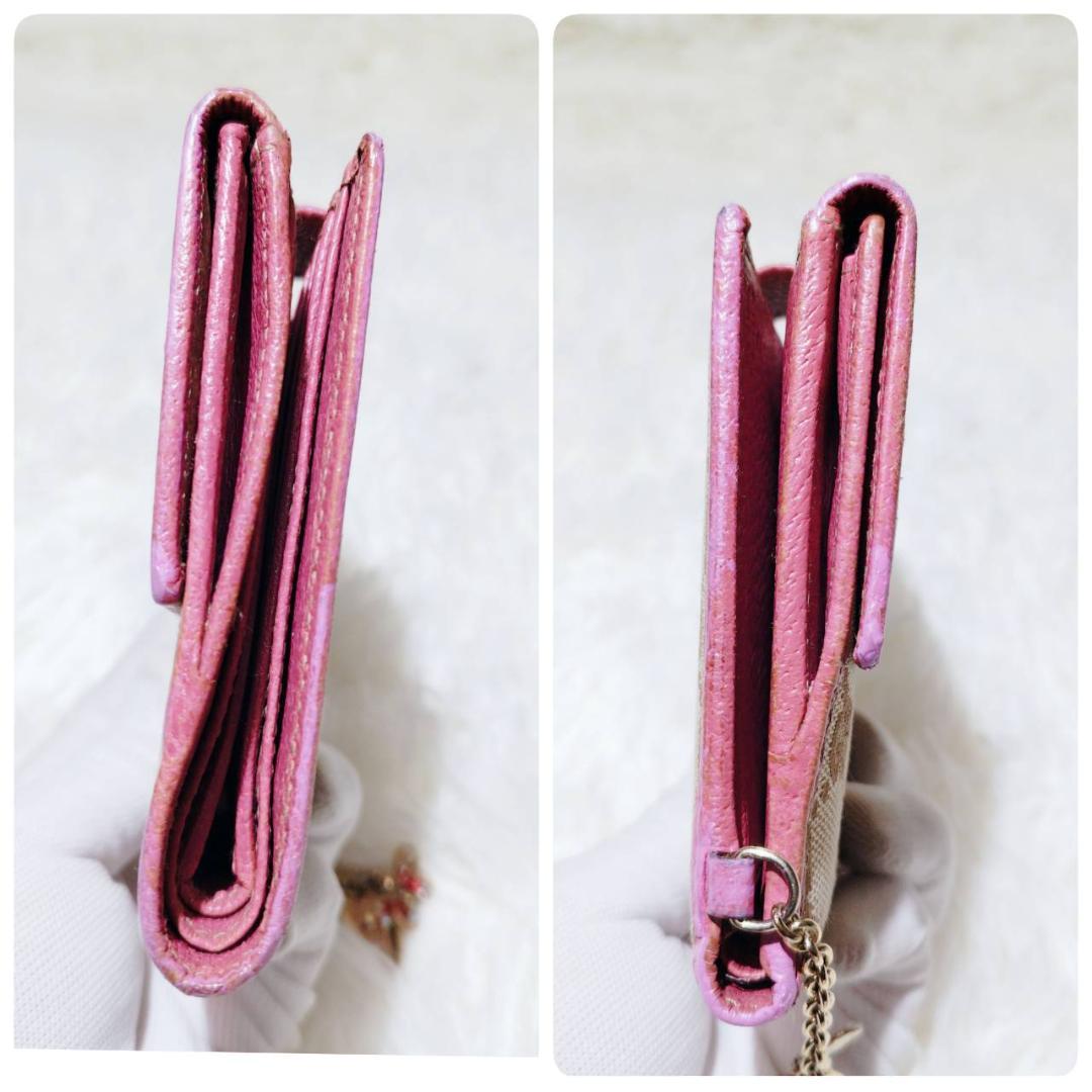 グッチ Wホック折り財布 GGキャンバス レザー ピンク チャーム