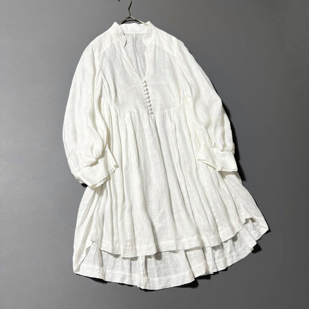 3426【美品】マメクロゴウチ リネンチュニック ミニワンピース 白 S
