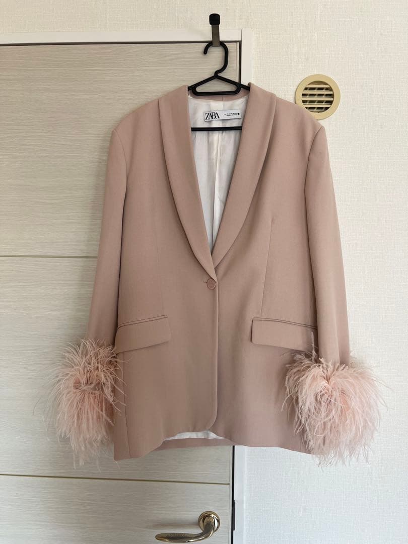 ZARA フェザー ファー テーラード ジャケット ブレザー 羽 ピンク M