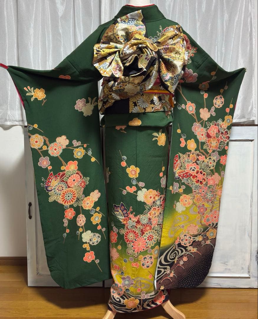 ⁂⁂ケロロ様⁂⁂【振袖フルセット】 京紅型風 緑 7点セット