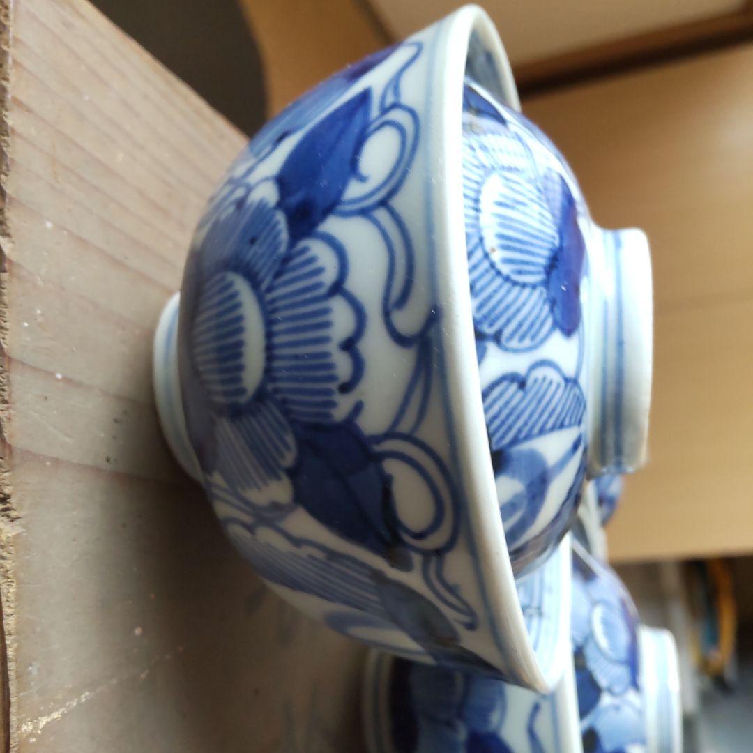 明治期　古伊万里　蓋茶碗5客　染付