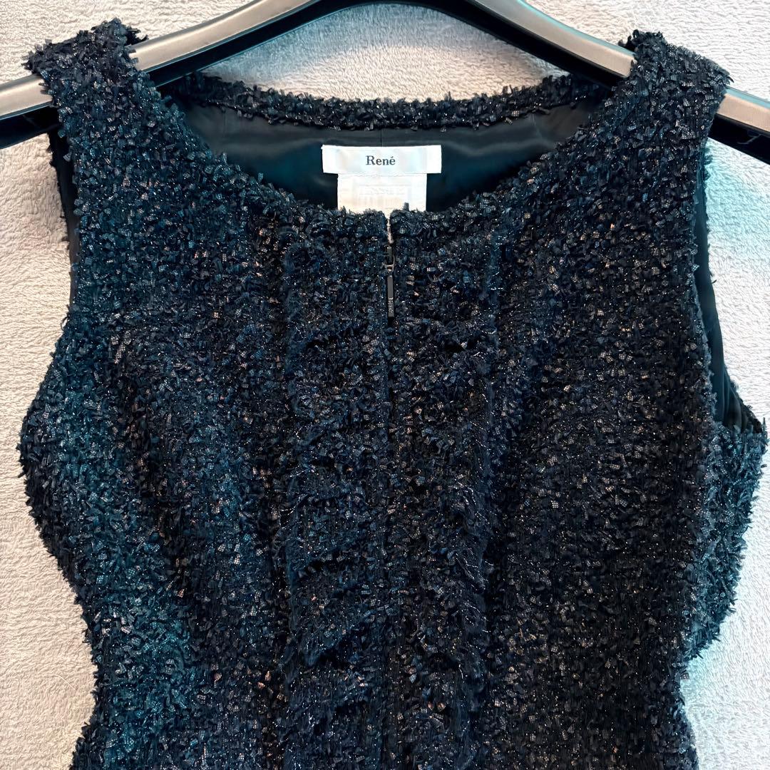 美品✨ルネ ワンピース ツイード フロントジップ ノースリーブ ラメ フレア 黒