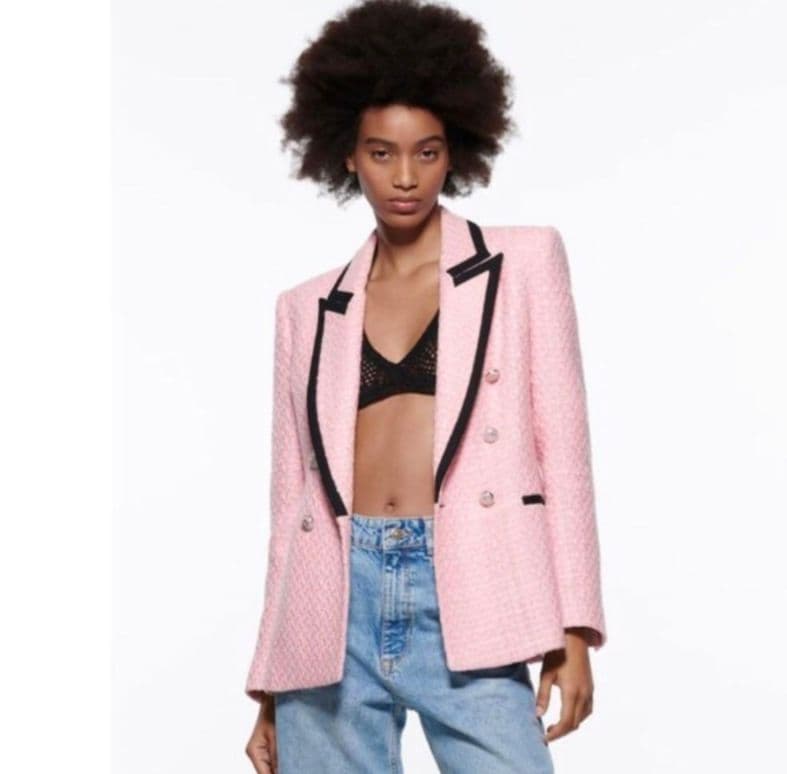 新品◎ZARA／コントラストパイピングテクスチャージャケット ツイード ピンク