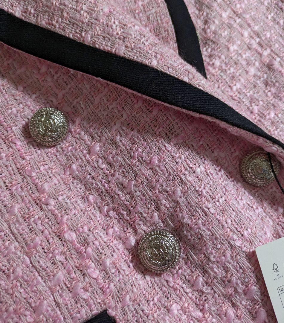 新品◎ZARA／コントラストパイピングテクスチャージャケット ツイード ピンク