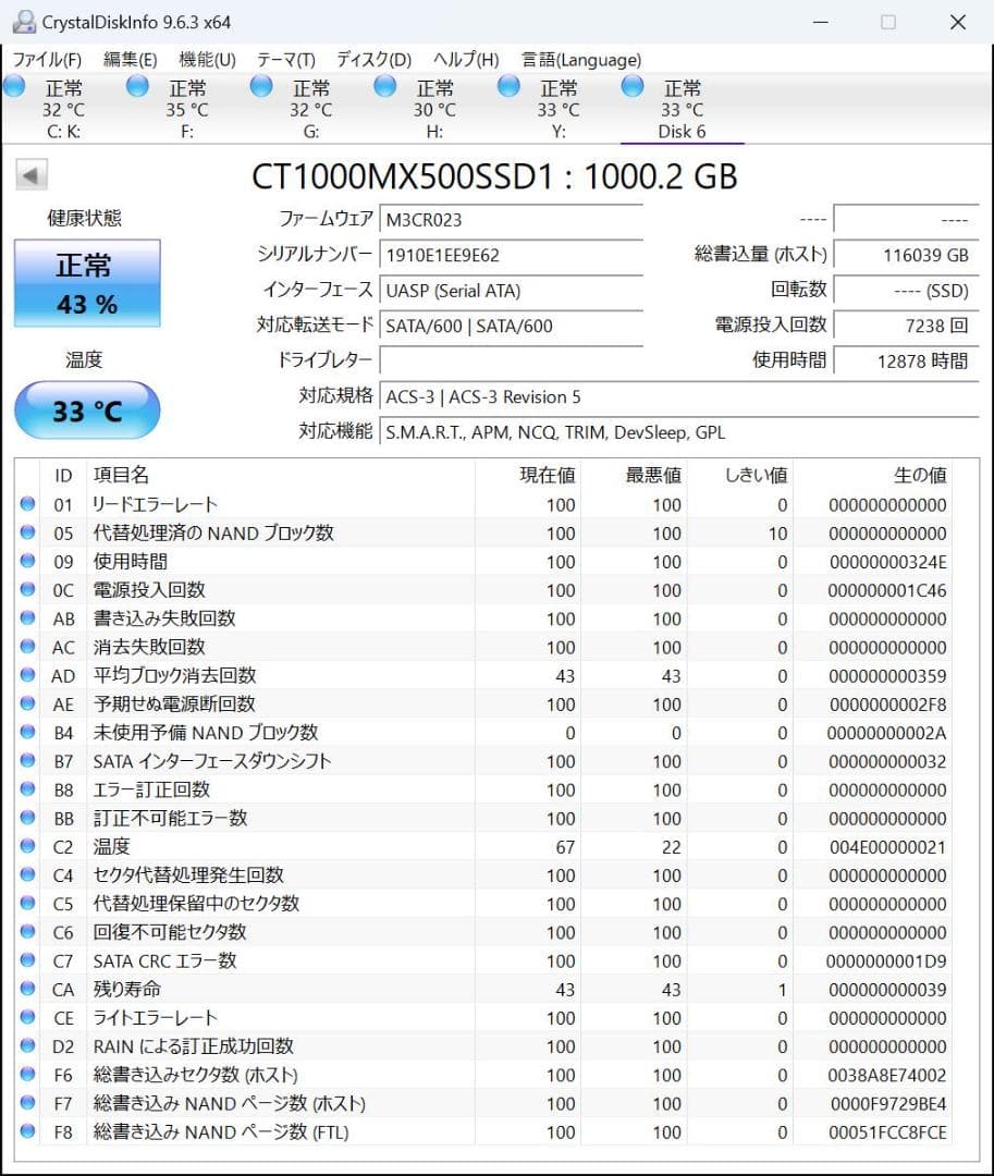 ⑧ Crucial MX500 1TB SATA 2.5インチSSD　正常品
